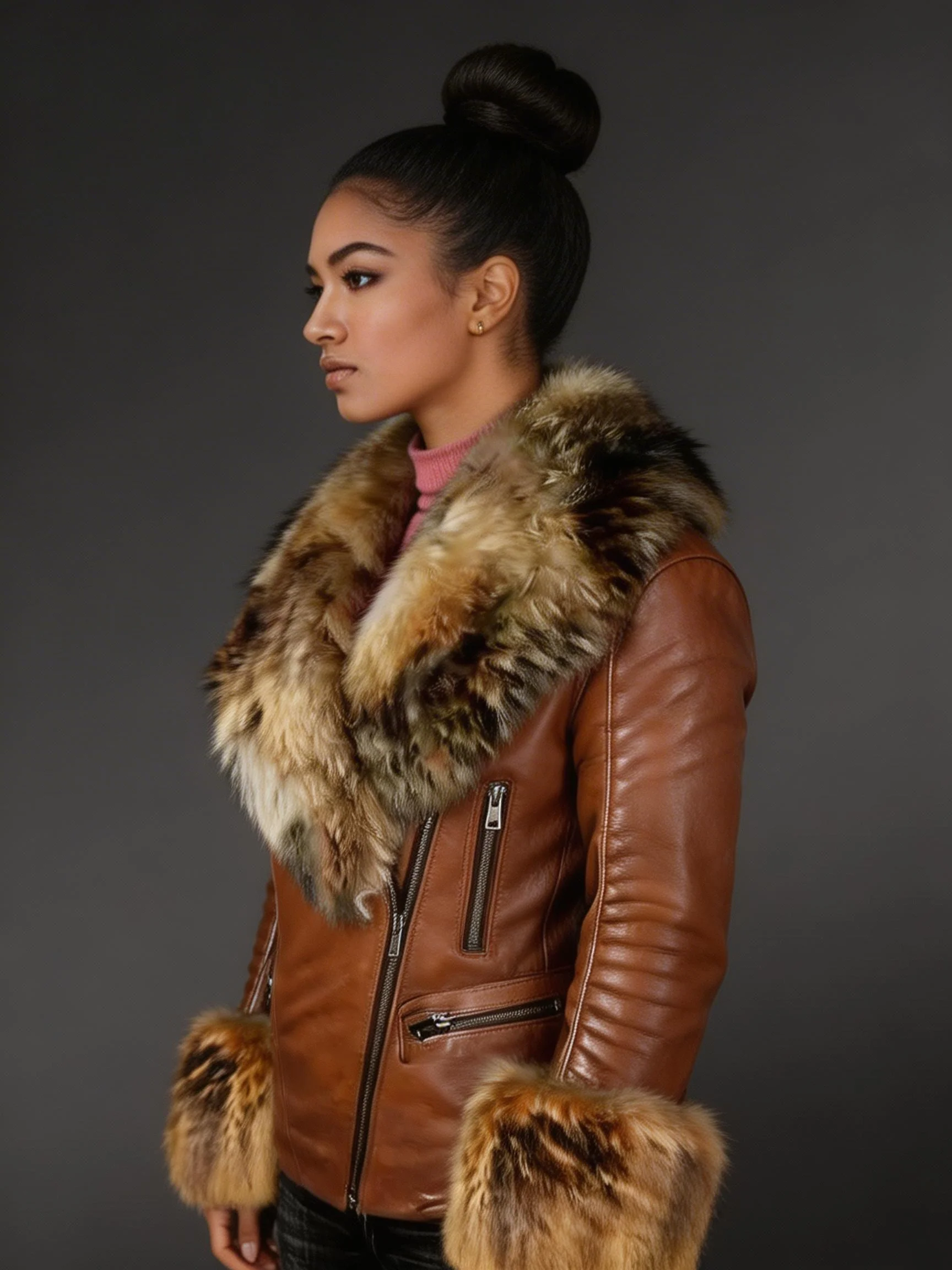 Genuine Tan Leather Jackets For With Fur on Collar & on Cuffs - Image 3