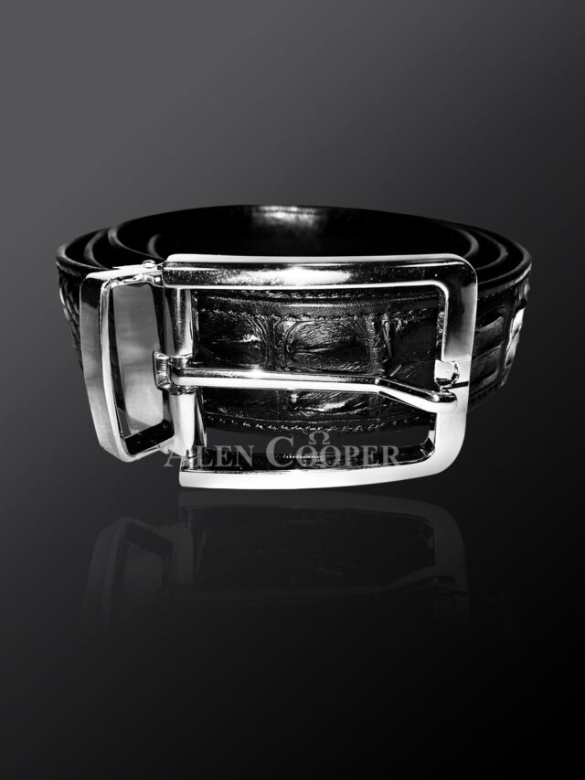Genuine Alligator Skin Black Leather Belt With Metal Buckle