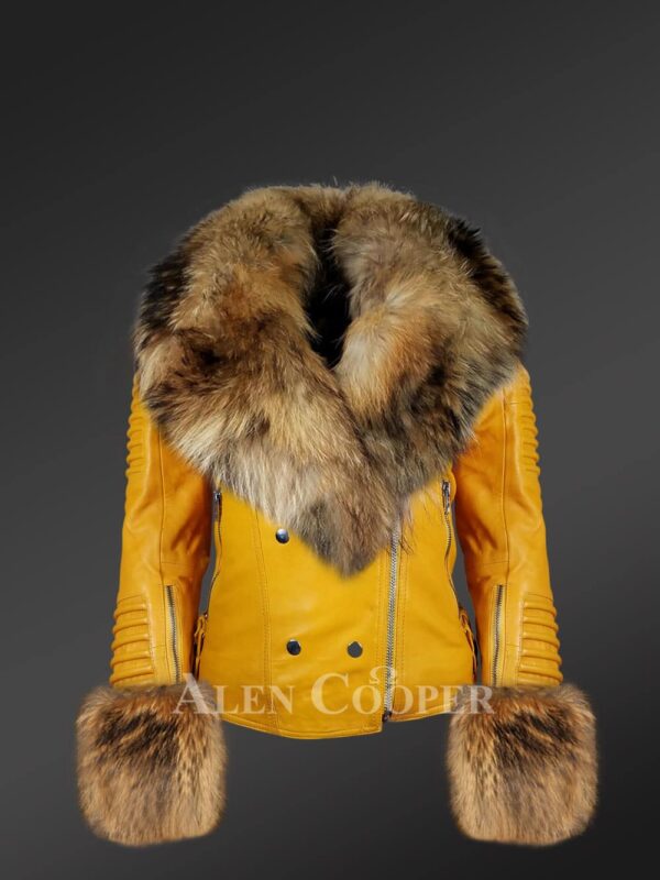 Genuine Leather Jacket in Yellow with Removable Fur Collar and Handcuffs
