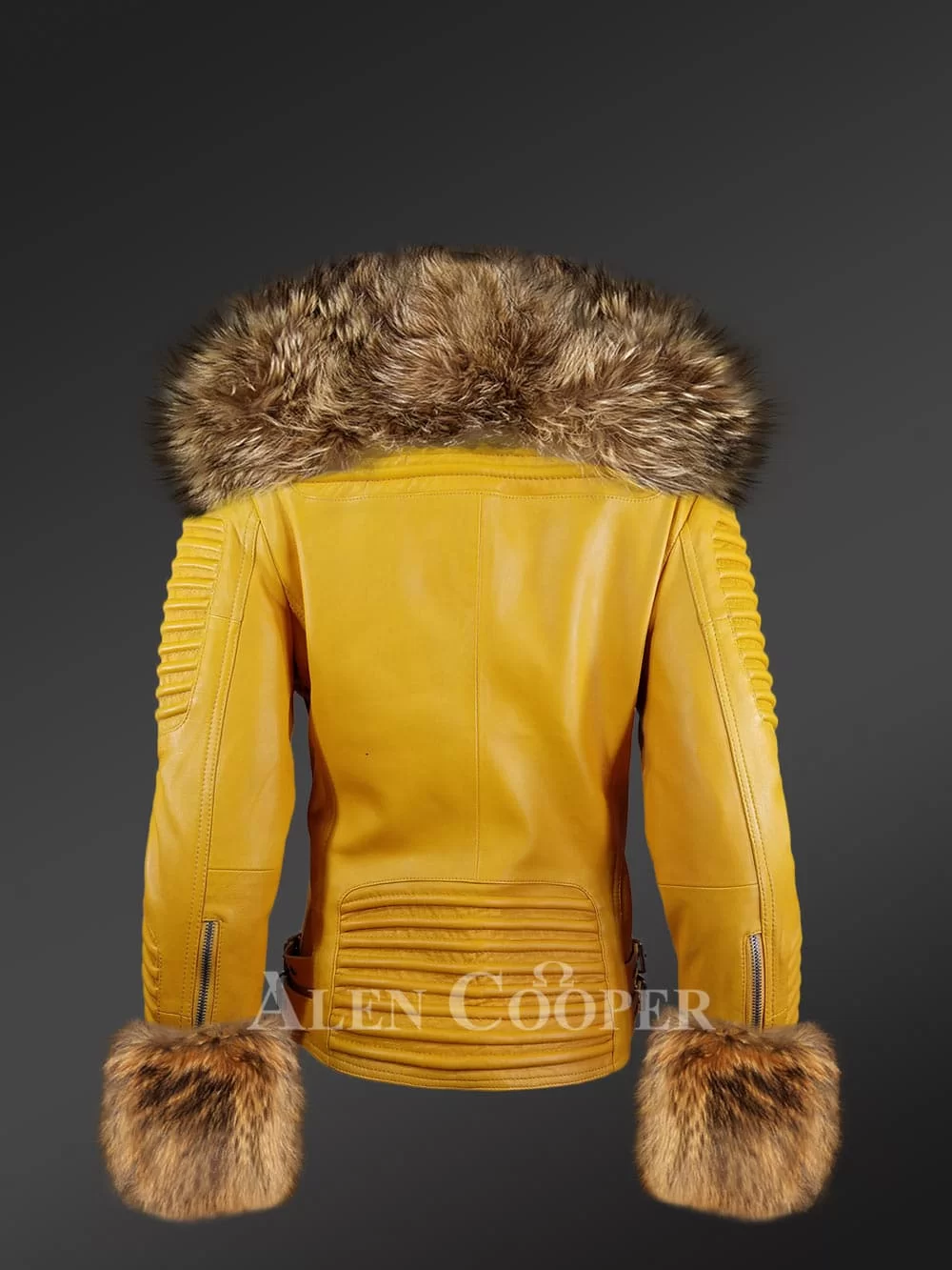 Yellow leather jacket deals with fur collar