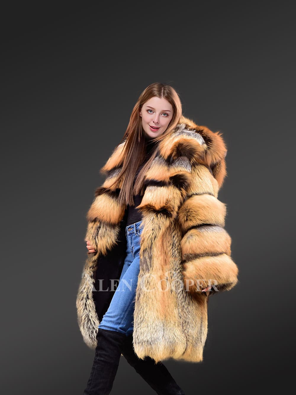 Fox Fur Trench Coat With Wide Hood