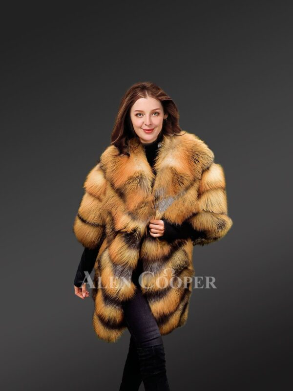 Golden Fox Fur Coat in Slant Shape for Women - Image 6