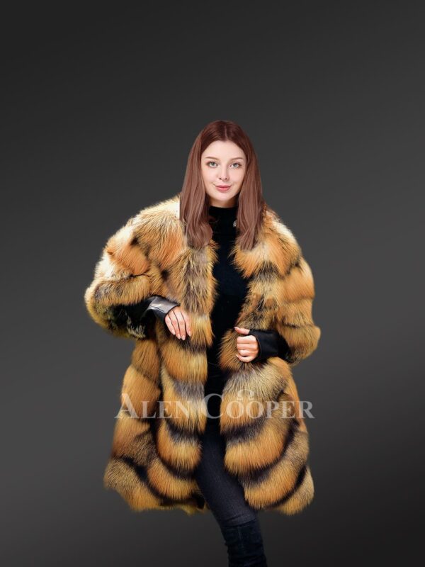 Golden Fox Fur Coat in Slant Shape for Women - Image 5