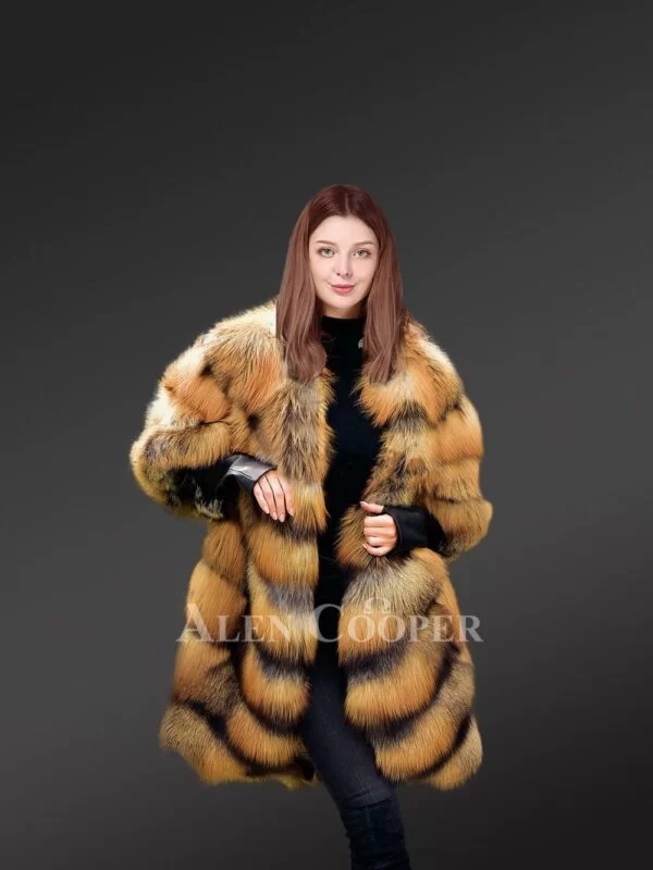 Golden Fox Fur Coat in Slant Shape for Women - Image 5