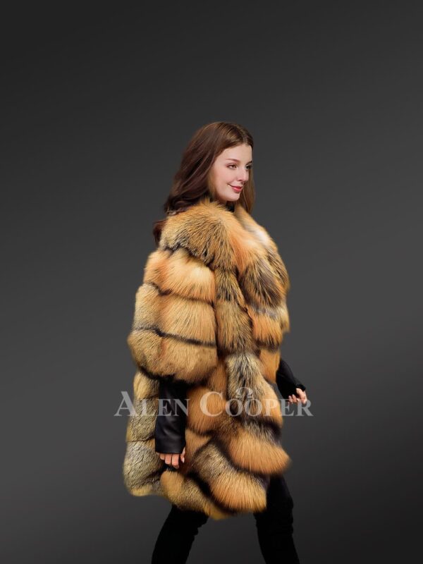 Golden Fox Fur Coat in Slant Shape for Women - Image 9