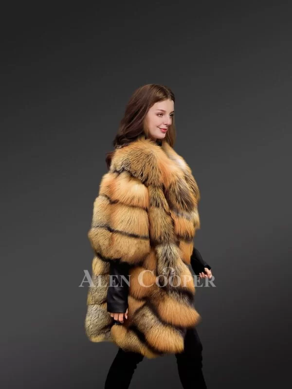 Golden Fox Fur Coat in Slant Shape for Women - Image 9