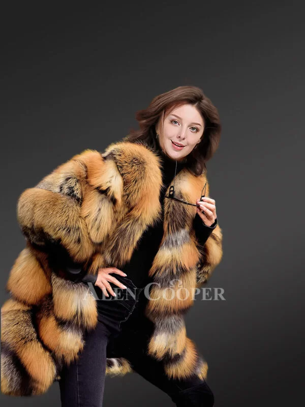 Golden Fox Fur Coat in Slant Shape for Women - Image 8