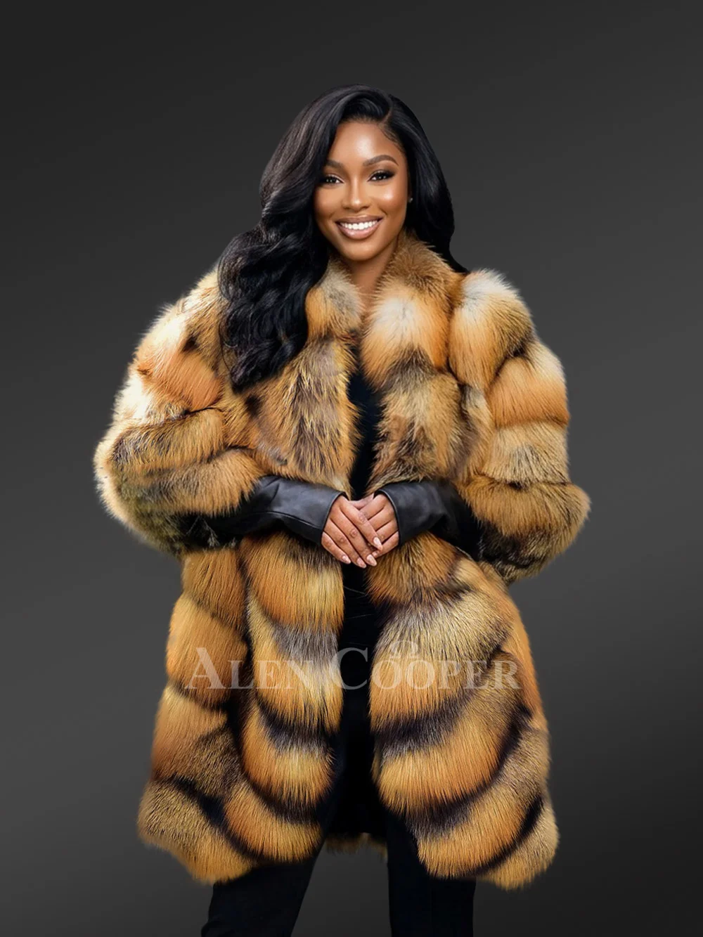 Golden Fox Fur Coat In Slant Shape For Women
