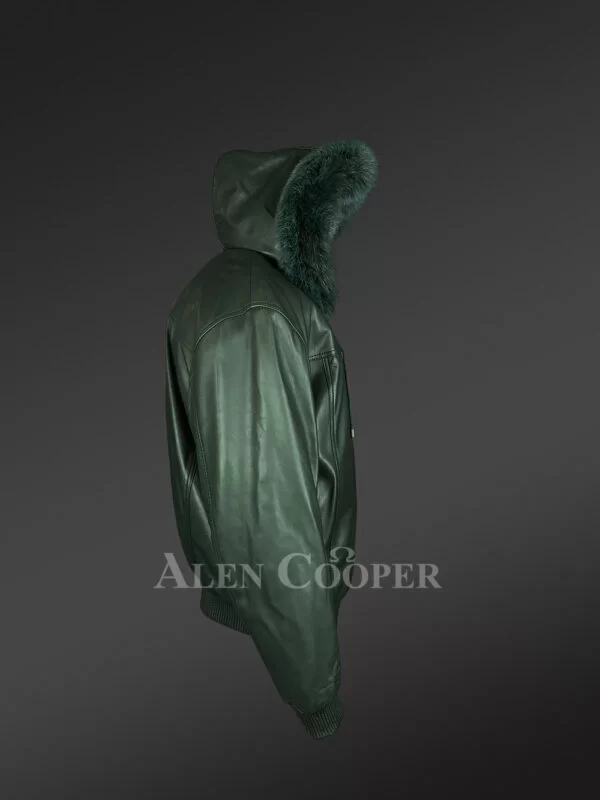 Green Real Leather Bomber Styled Jacket with Hood - Image 3