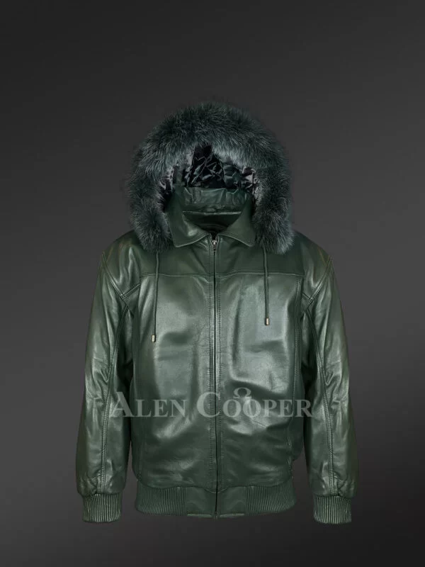 Green Real Leather Bomber Styled Jacket with Hood - Image 2
