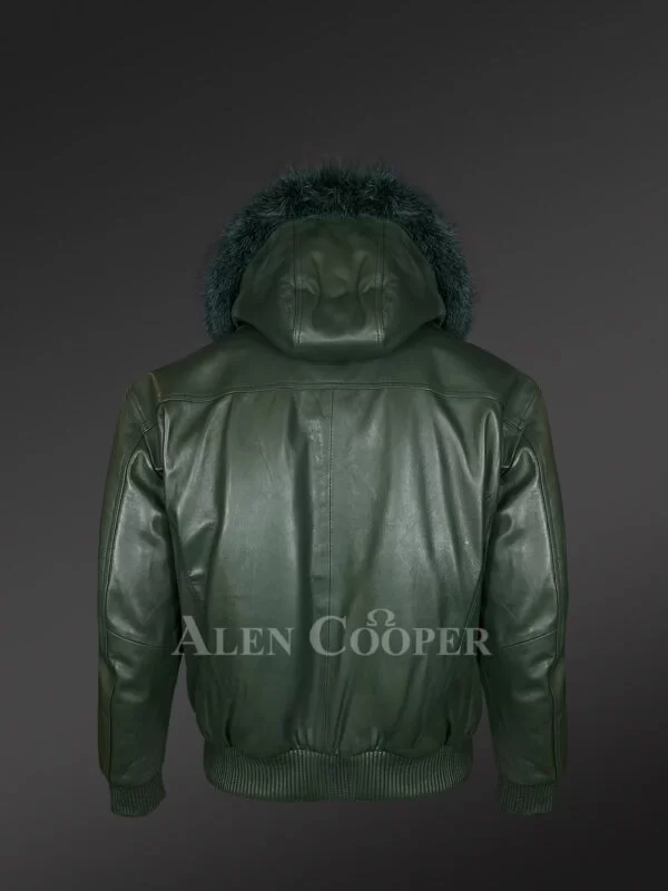 Green Real Leather Bomber Styled Jacket with Hood - Image 4