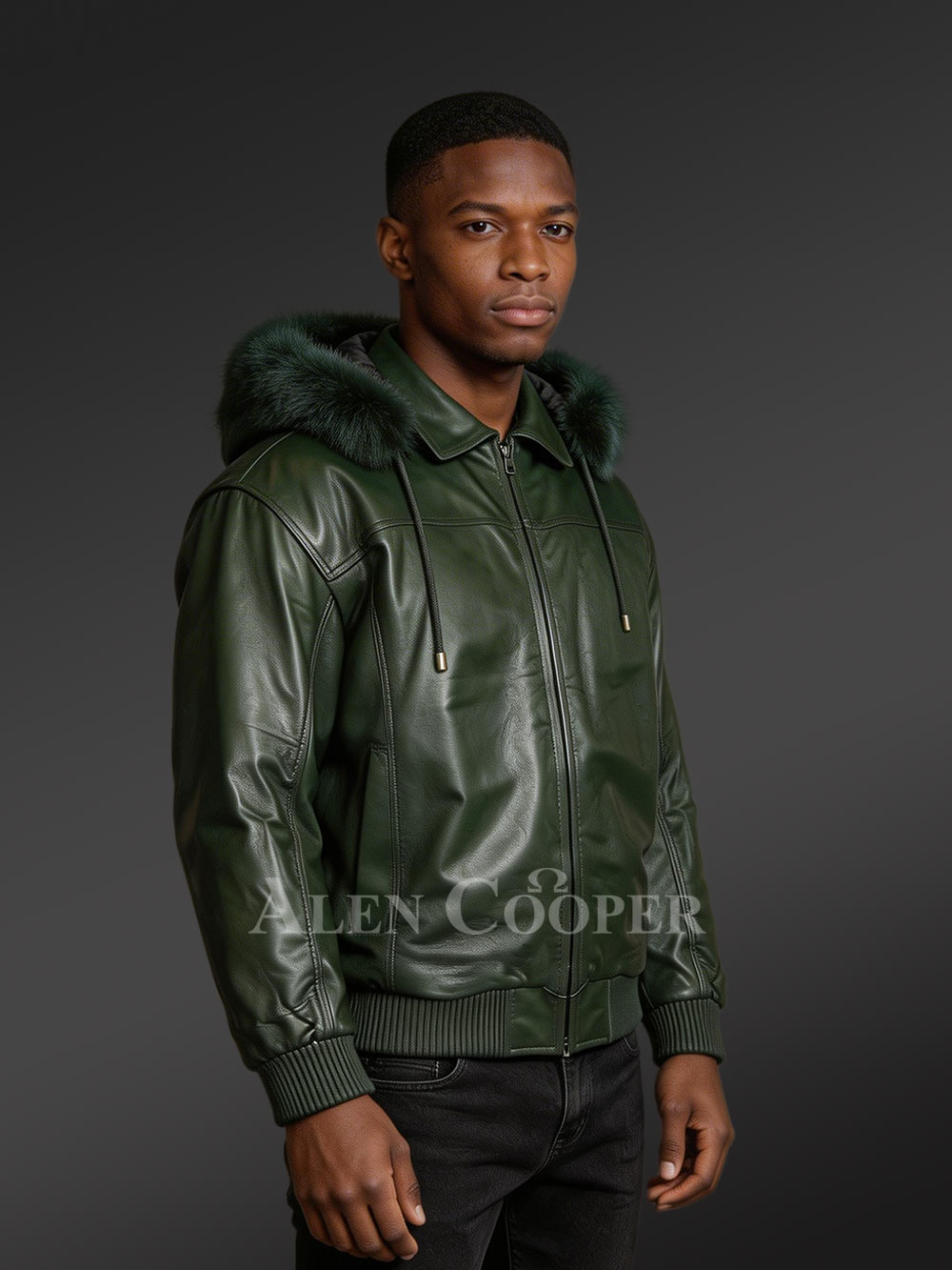 Green Real Leather Bomber Styled Jacket with Hood - Image 3