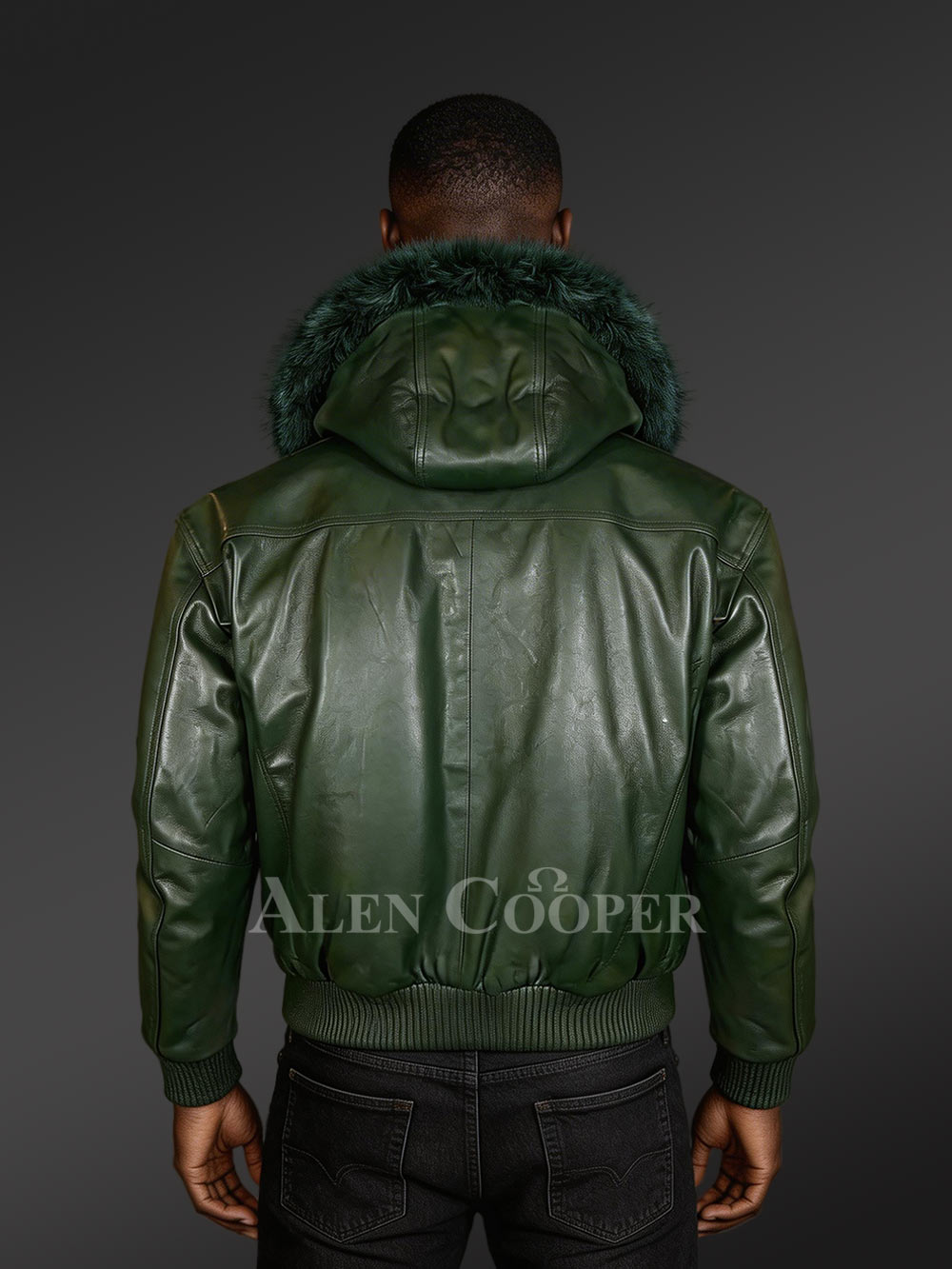 Green Real Leather Bomber Styled Jacket with Hood - Image 4
