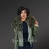 Green Real leather Jacket with Raccoon fur collar for Women