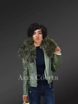 Green Real leather Jacket with Raccoon fur collar for Women