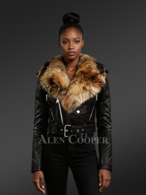 High Waist Biker Jacket for Women with Detachable Collar