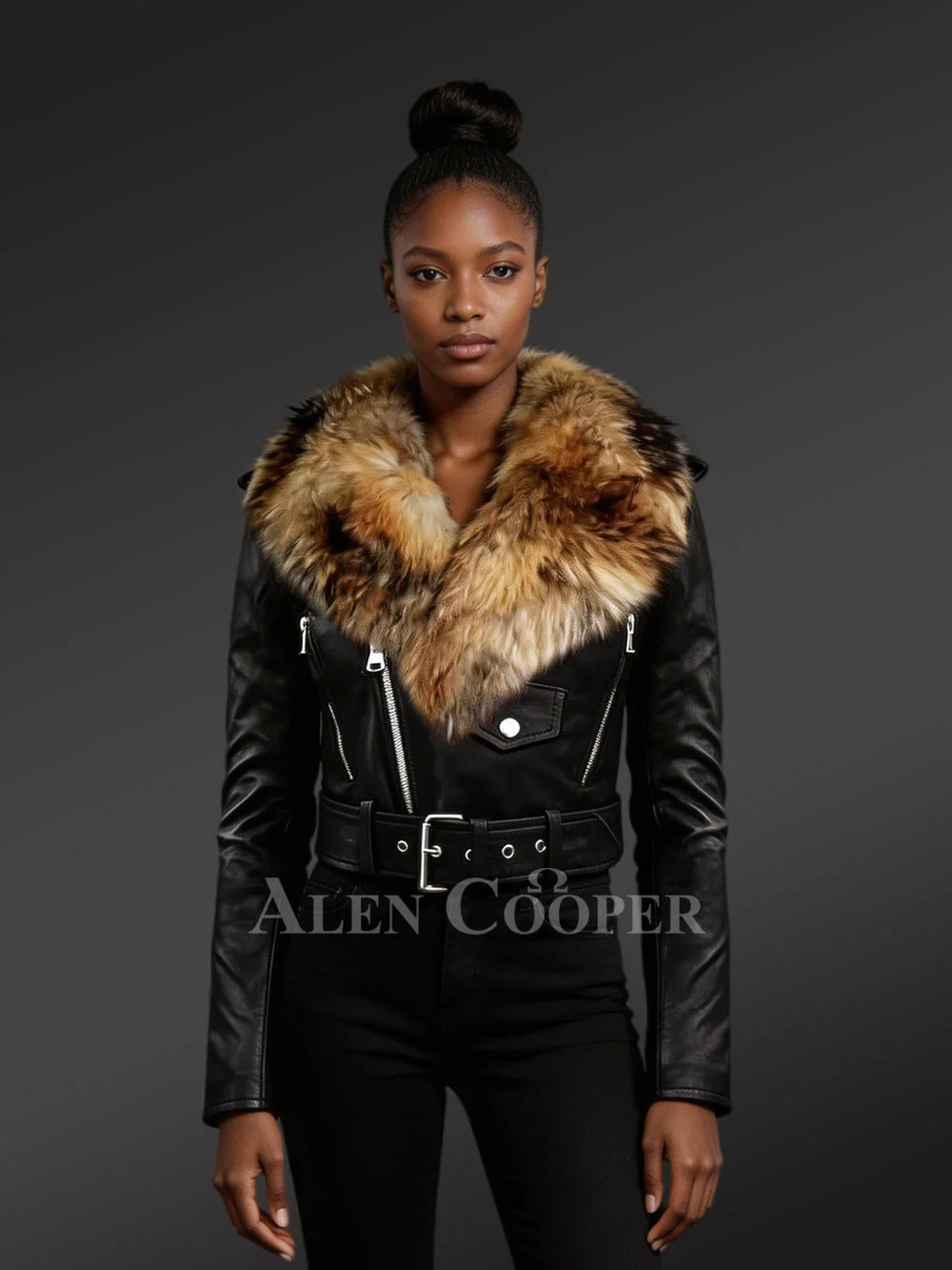 High Waist Biker Jacket for Women with Detachable Collar