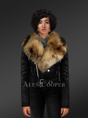 High Waist Biker Jacket for Women with Detachable Collar
