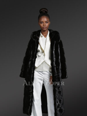 Hooded Black Mink Fur Long Coat for Elegant Women