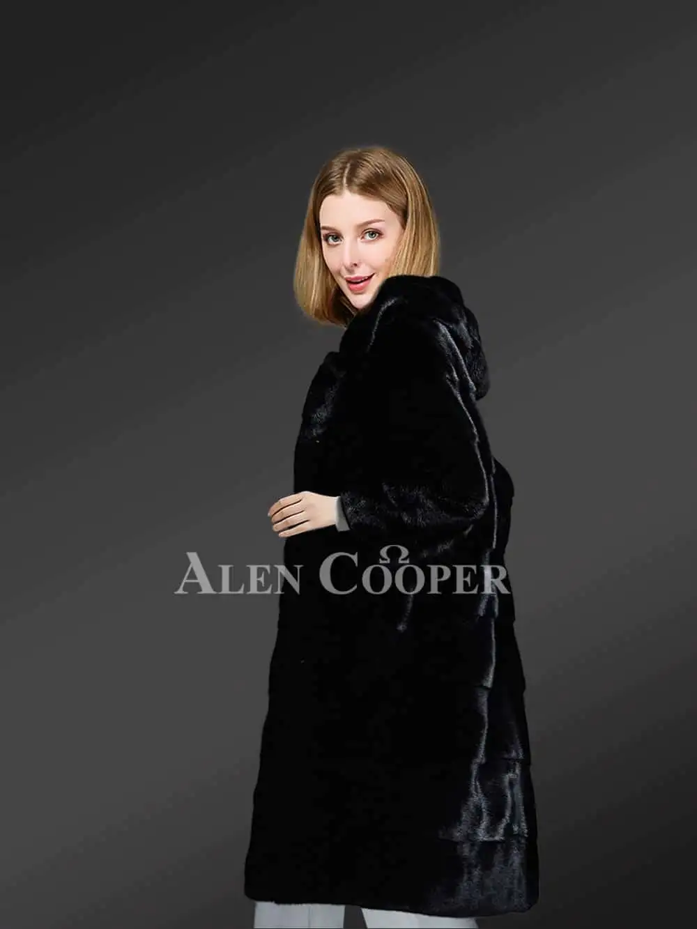 Hooded Black Mink Fur Long Coat for Elegant Women - Image 4