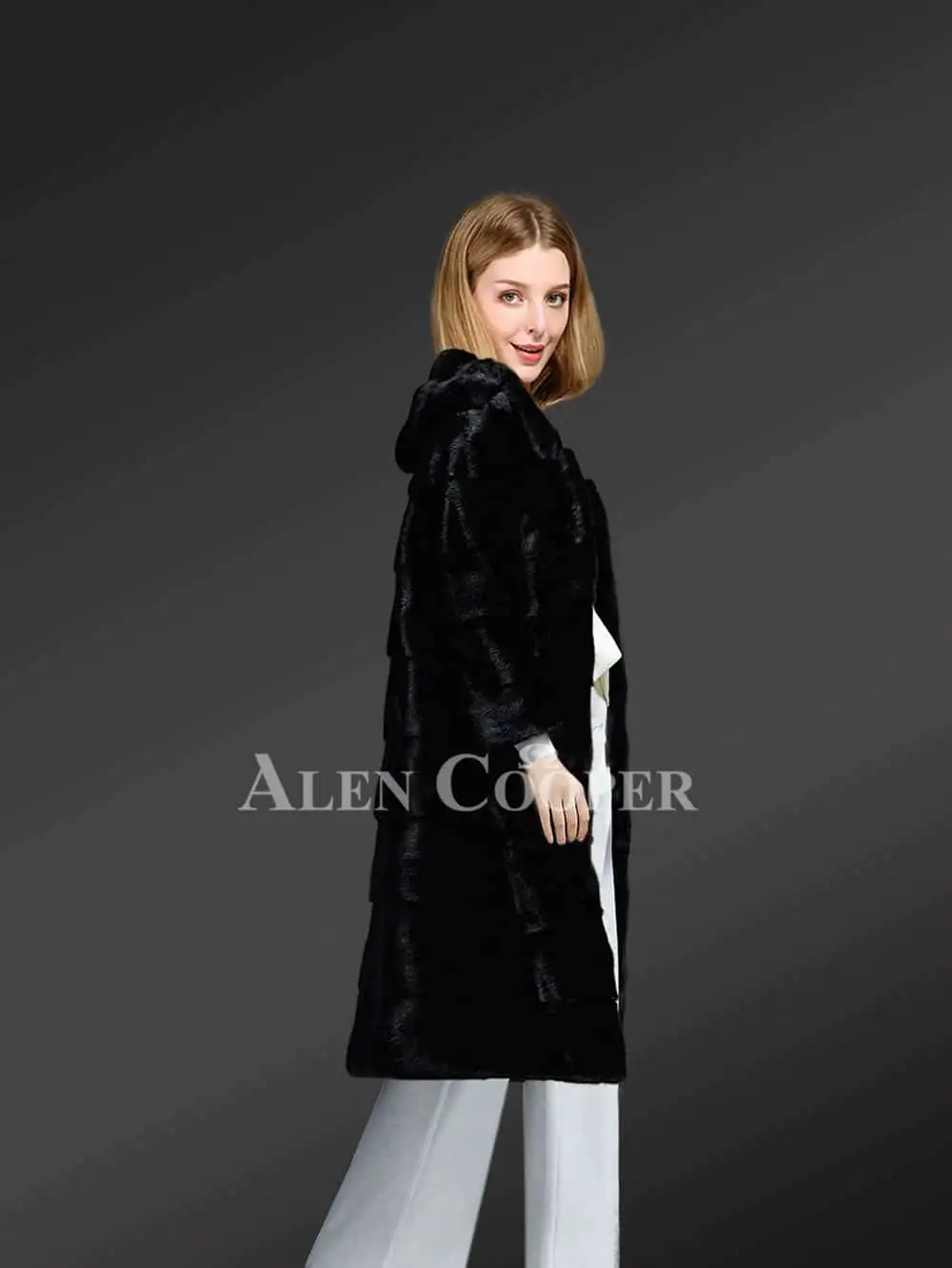 Hooded Black Mink Fur Long Coat for Elegant Women - Image 3