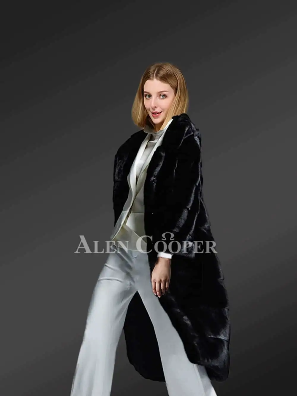 Hooded Black Mink Fur Long Coat for Elegant Women - Image 2