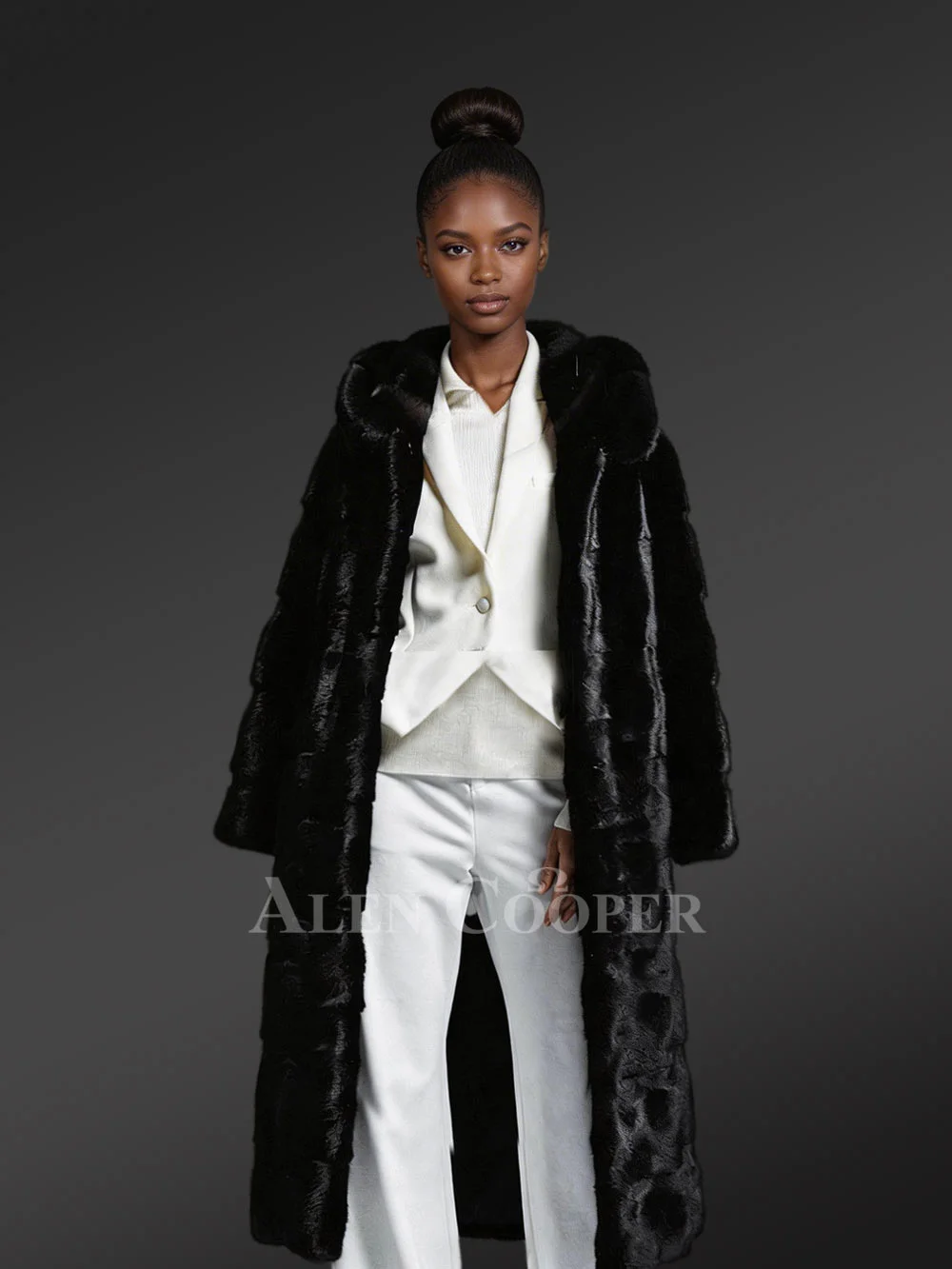 Hooded Black Mink Fur Long Coat for Elegant Women