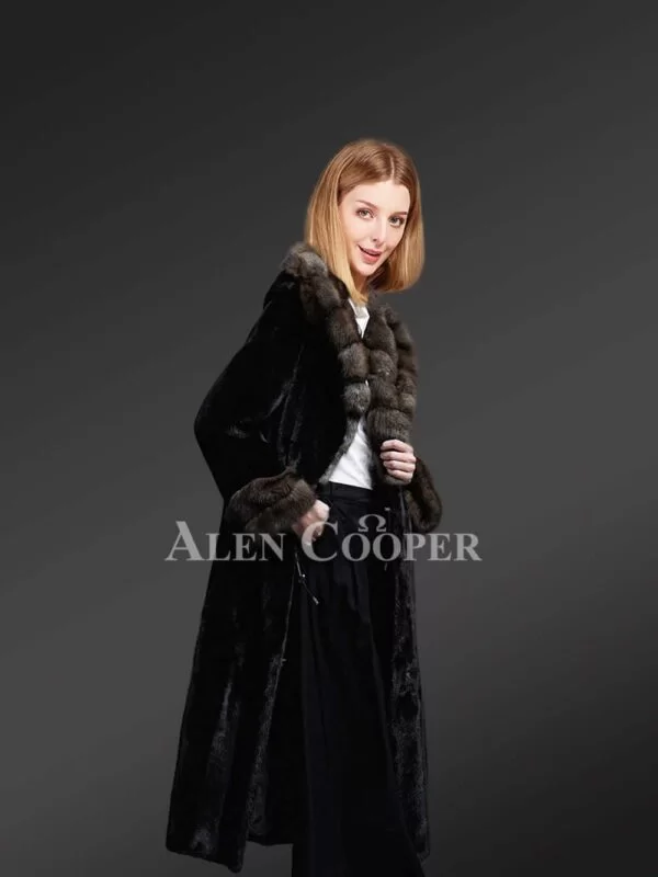 Hooded Mink Fur Long Coat With Sable Fur Collar And Cuffs - Image 2