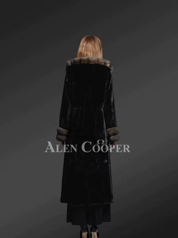 Hooded Mink Fur Long Coat With Sable Fur Collar And Cuffs - Image 4