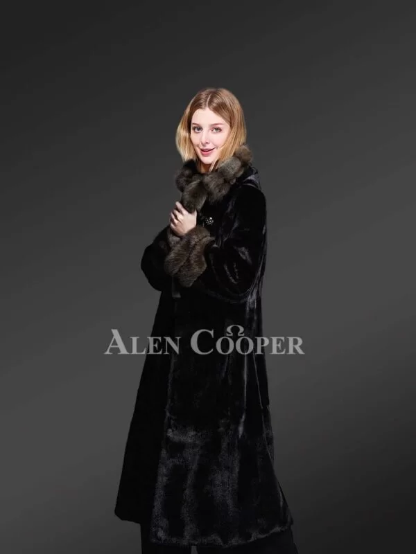 Hooded Mink Fur Long Coat With Sable Fur Collar And Cuffs - Image 3