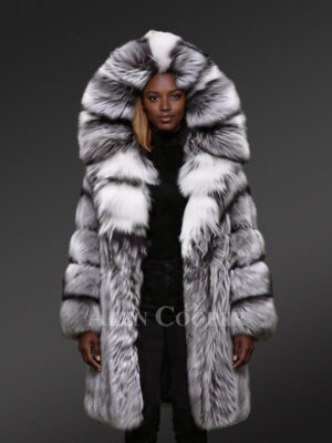 Hooded Silver Fox Fur Long Coat for Women