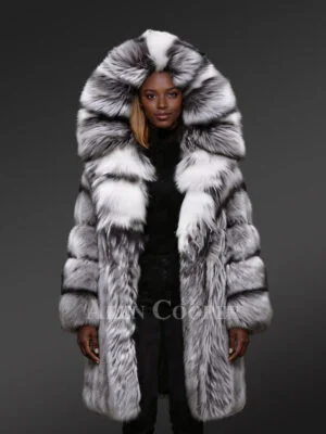 Hooded Silver Fox Fur Long Coat for Women