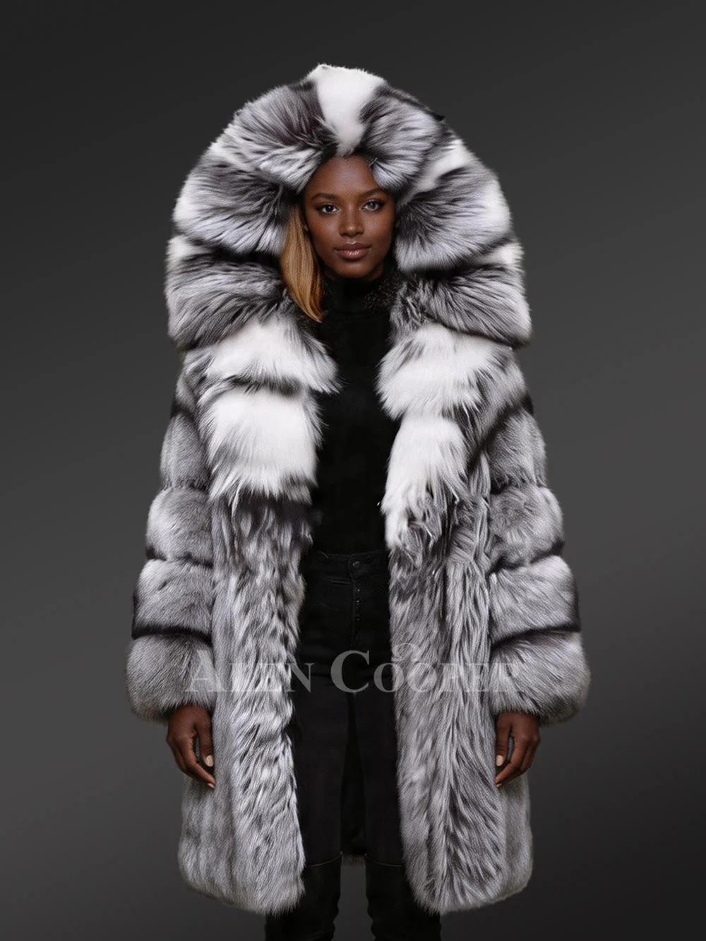Fox Fur Long Coat Womens with Hood