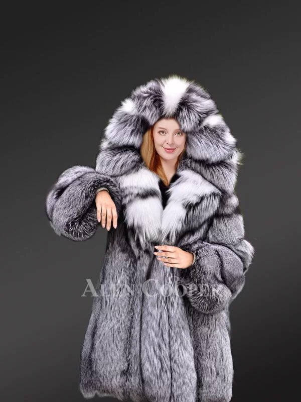 Hooded Silver Fox Fur Long Coat for Women - Image 4