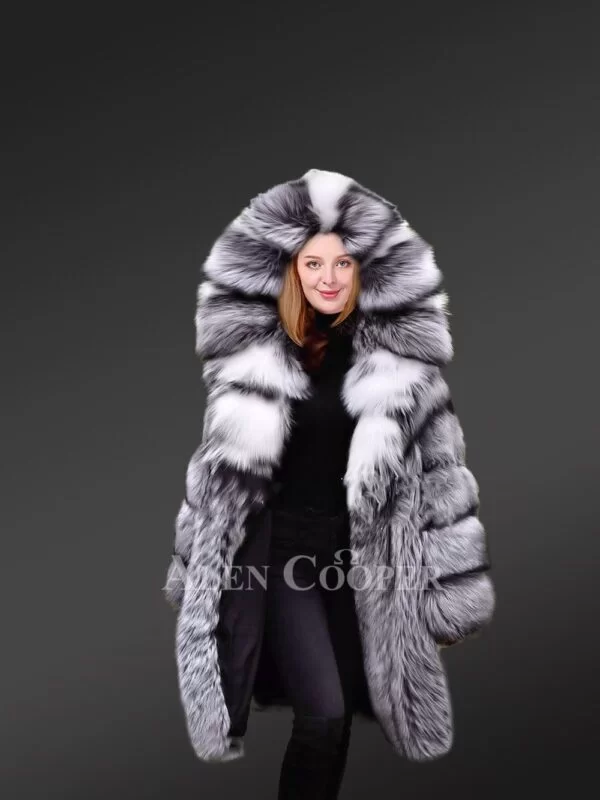 Hooded Silver Fox Fur Long Coat for Women - Image 2