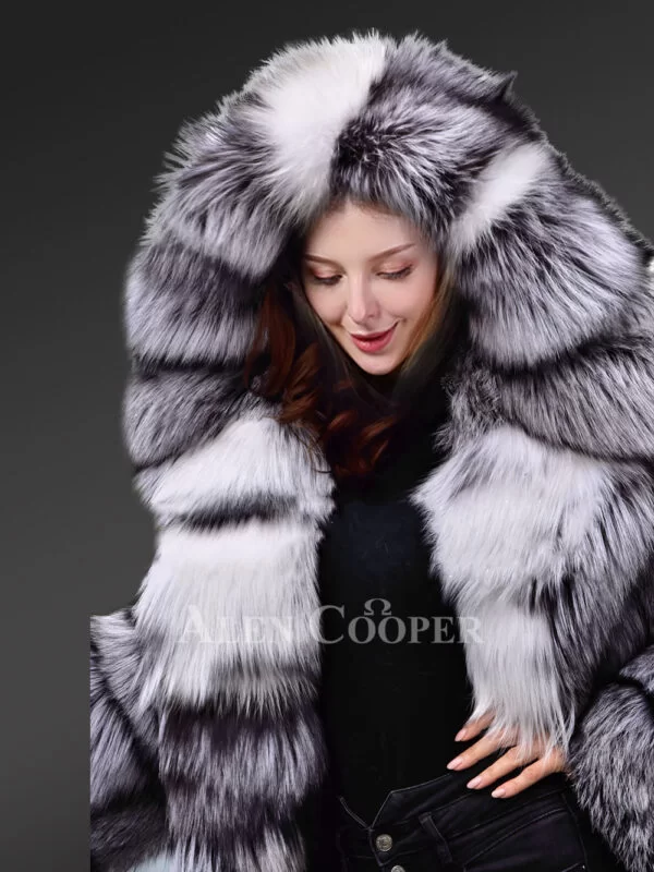 Hooded Silver Fox Fur Long Coat for Women - Image 5