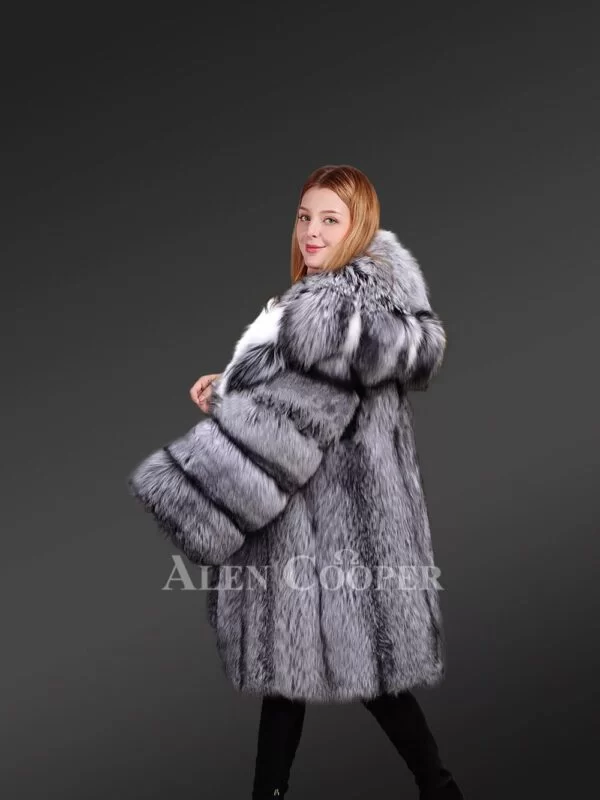 Hooded Silver Fox Fur Long Coat for Women - Image 7