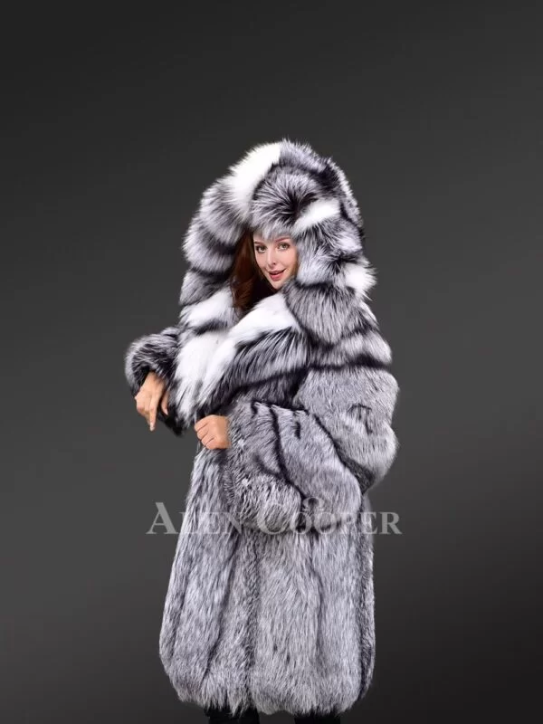 Hooded Silver Fox Fur Long Coat for Women - Image 6