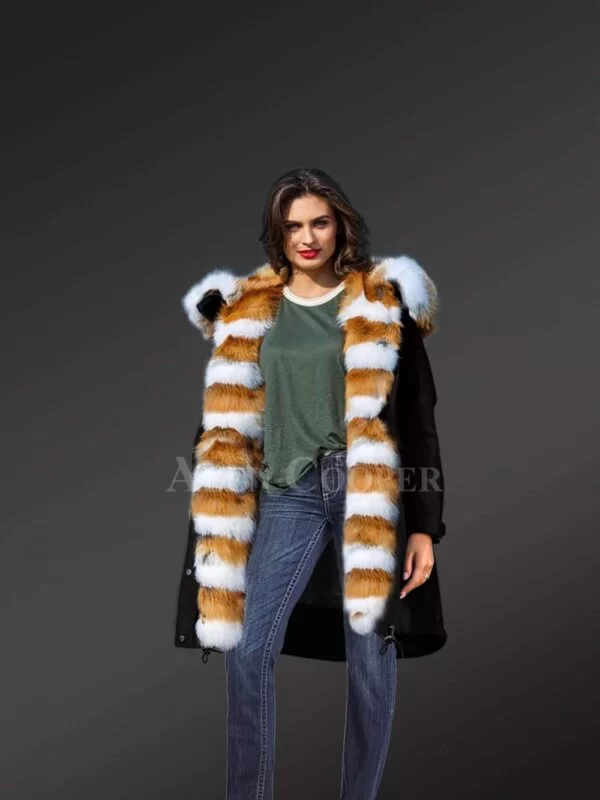 Hybrid Black Red Arctic Fox Fur Parka Convertibles for Women
