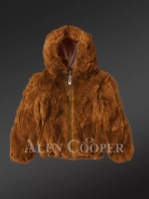 Kids’ Light Brown Rabbit Fur Bomber Jacket with Hood - Image 2