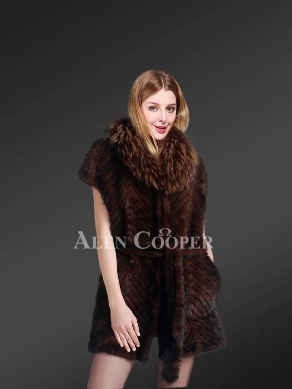 Mink Tail Fur Coat With Racoon Fur Collar In Coffee Brown for Elegant Women - Image 2