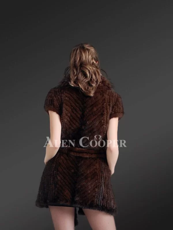 Mink Tail Fur Coat With Racoon Fur Collar In Coffee Brown for Elegant Women - Image 8