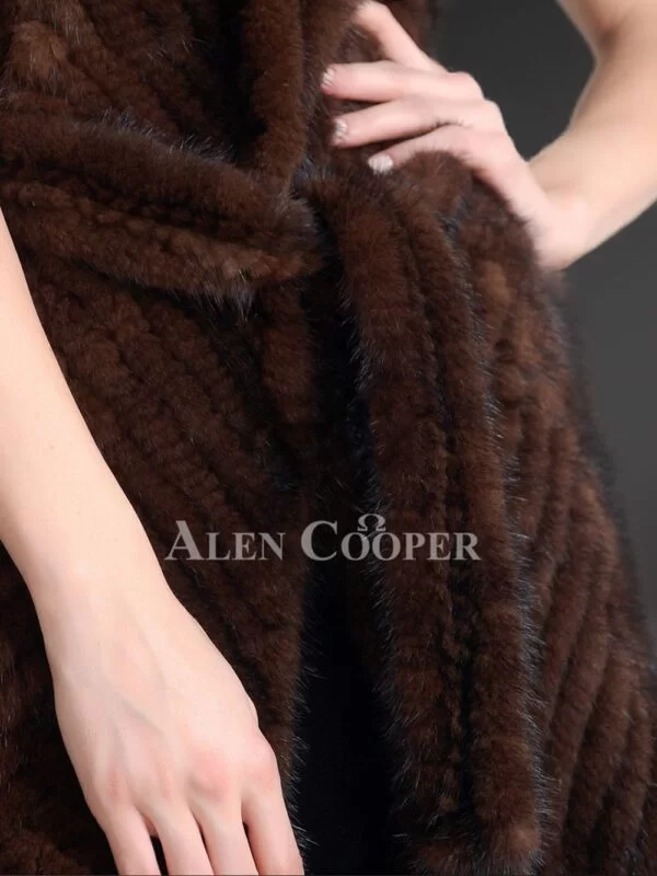 Mink Tail Fur Coat With Racoon Fur Collar In Coffee Brown for Elegant Women - Image 6