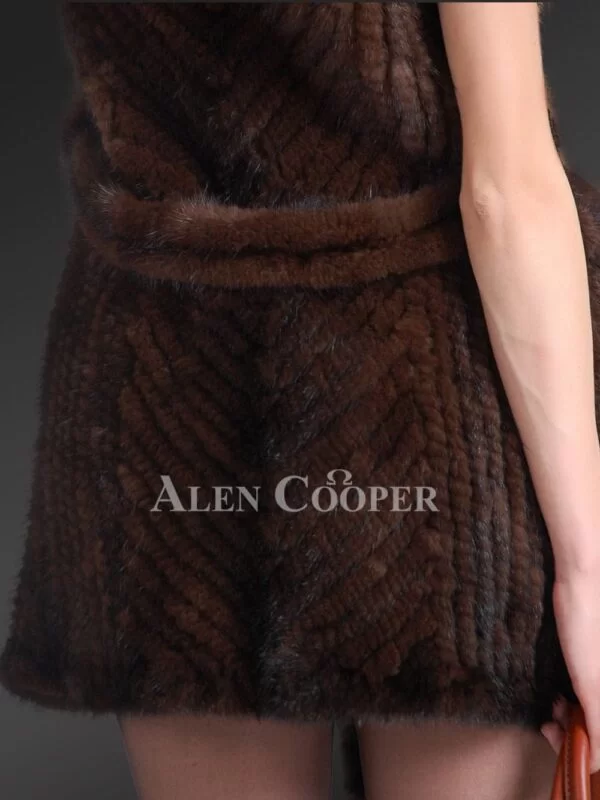 Mink Tail Fur Coat With Racoon Fur Collar In Coffee Brown for Elegant Women - Image 7