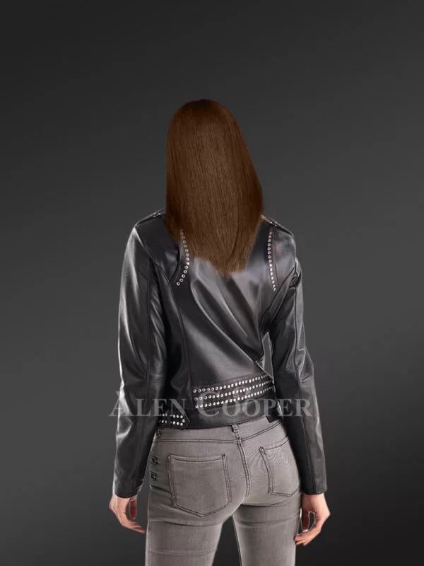 Ladies’ Leather Jacket in Black with rivets and asymmetrical zip-lock closure - Image 3
