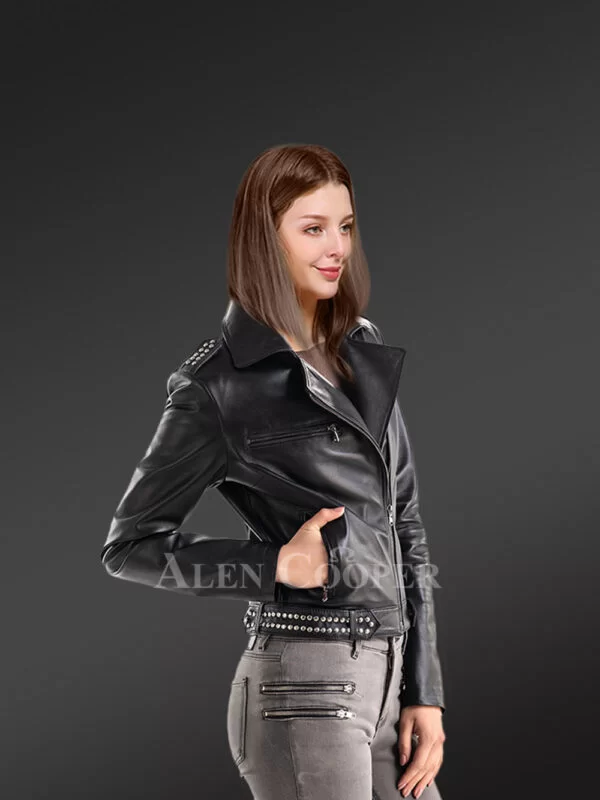 Ladies’ Leather Jacket in Black with rivets and asymmetrical zip-lock closure - Image 2