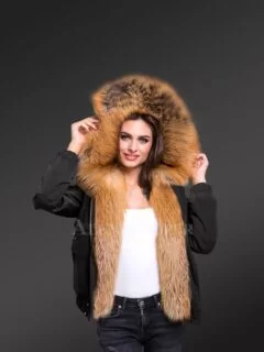 Ladies’ Golden Island Fox Fur Hybrid Black Bomber Jacket