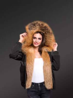 Ladies’ Golden Island Fox Fur Hybrid Black Bomber Jacket