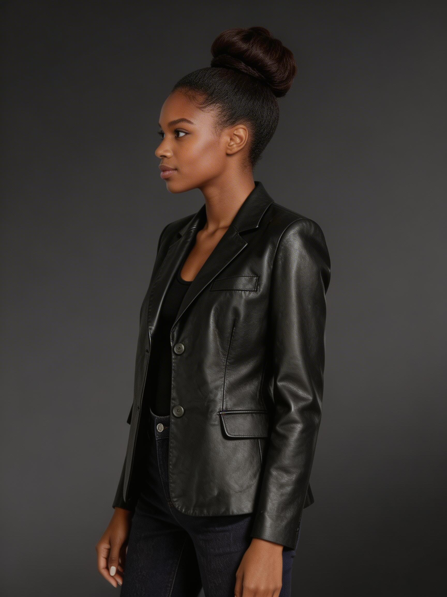 Ladies’ Leather Blazer for Greater Charm and Appeal in Black - Image 3