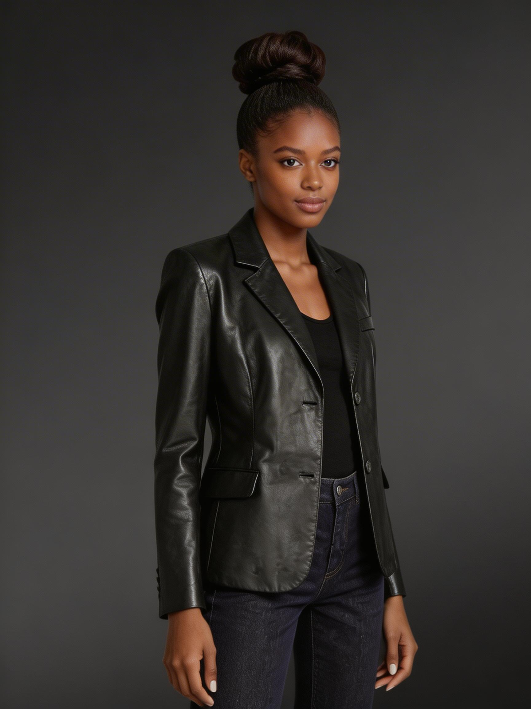 Ladies’ Leather Blazer for Greater Charm and Appeal in Black - Image 2